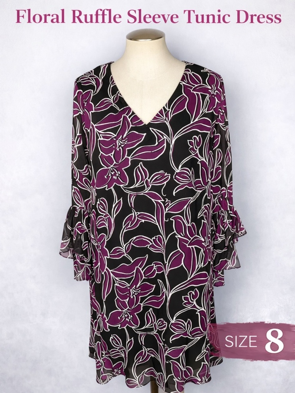 Calvin Klein Floral Tunic Dress Size 8 Black Purple Ruffle Sleeve